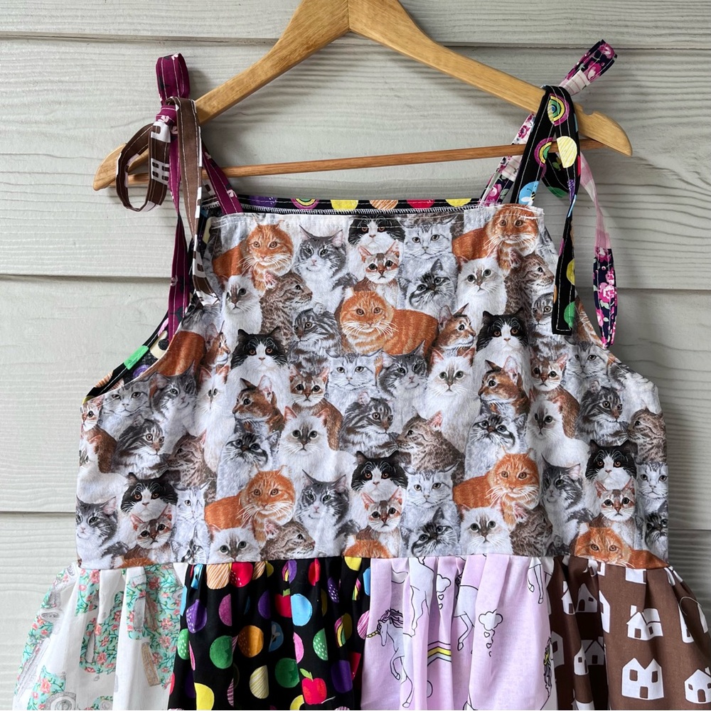 Arcade Dress | Handmade Tie At Shoulder Quilted Dress SKU 05047 Cats/Rainbow - Picture 11 of 16